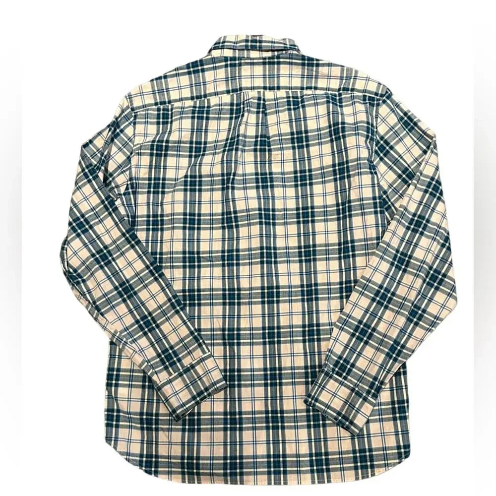 J Crew Mens Large Slim Long Sleeve Shirt in Pink and Blue Plaid Cotton Elastin